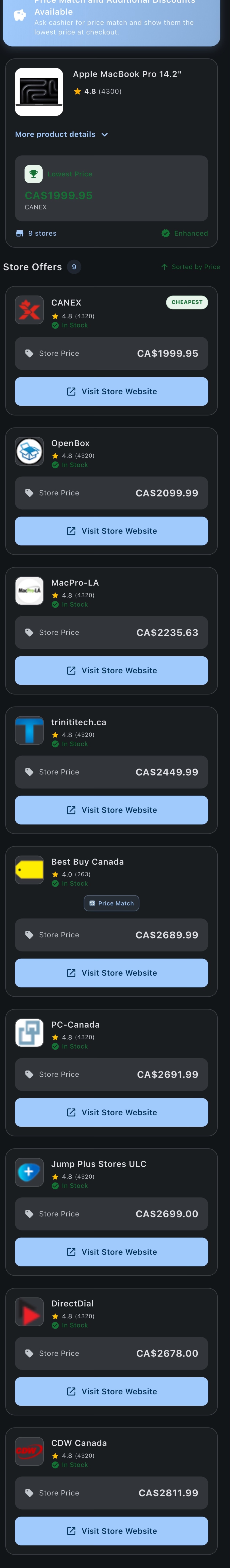 Price Match Paradise app — full product comparison screen
